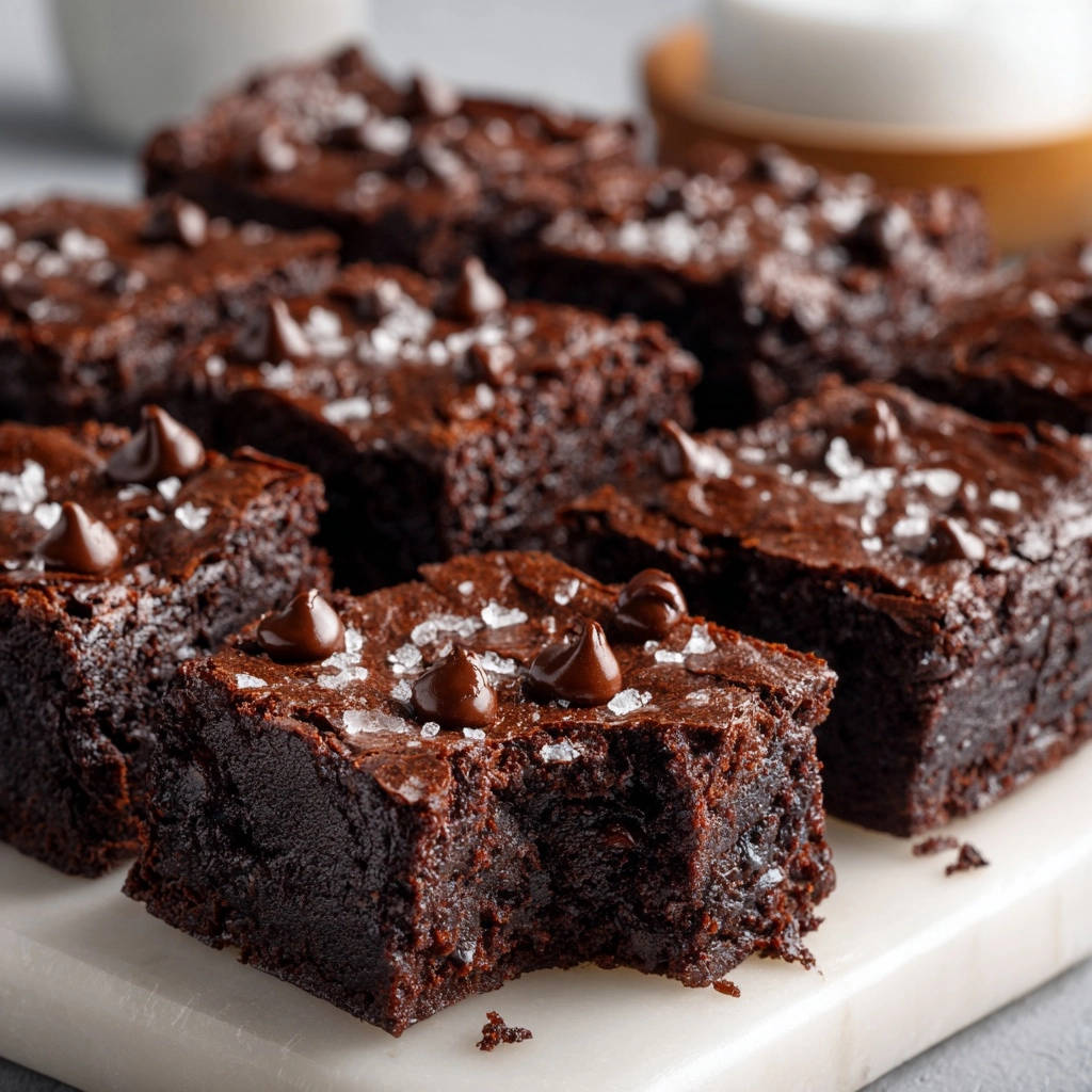 Fudgy salted chocolate chip brownies with a bite taken out, showing the rich interior texture and chocolate chips.
