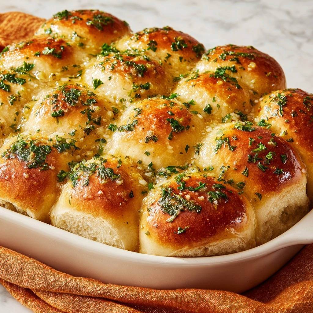 Classic garlic butter dinner rolls, freshly baked and glistening in a white dish with parsley garnish.
