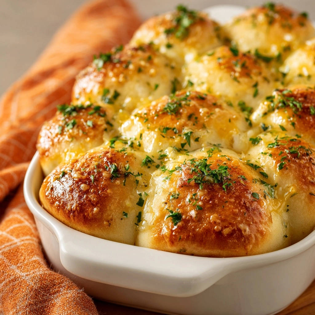 Classic Garlic Butter Dinner Rolls with a golden-brown topping and fresh parsley garnish.