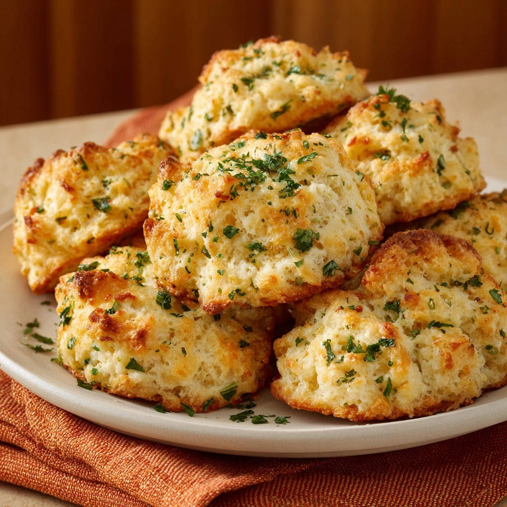 Garlic herb drop biscuits piled high on a white plate, showcasing their fluffy texture and fresh parsley garnish.