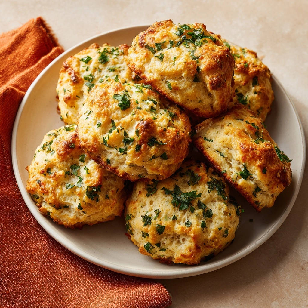 Garlic herb drop biscuits stacked on a plate, showcasing their fluffy texture and fresh parsley topping.