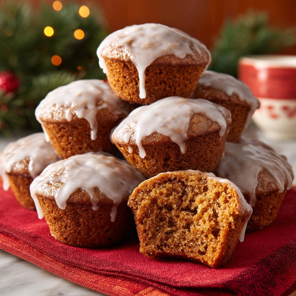 Gingerbread muffins showing a fluffy cross-section with white glaze drizzled over the top.
