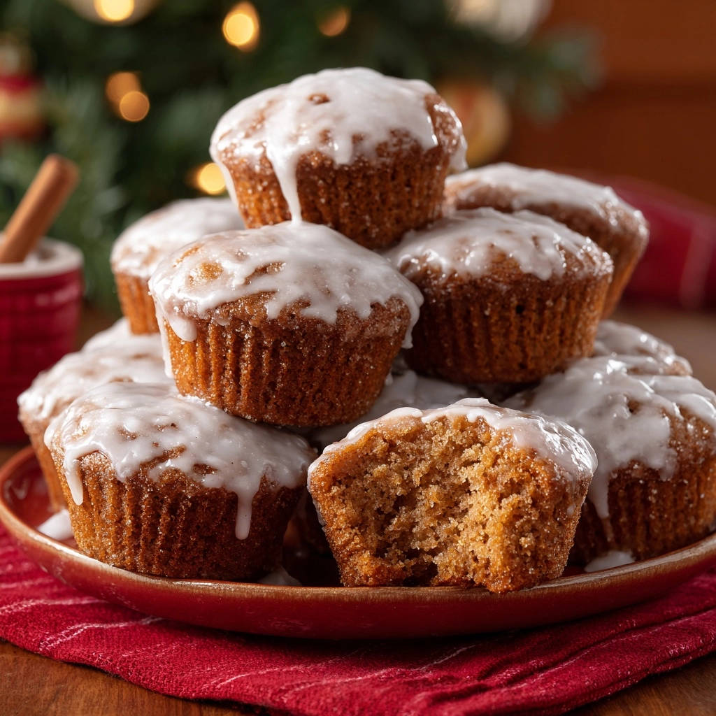 Gingerbread muffins with a cross-section showing the fluffy interior, drizzled with white icing.