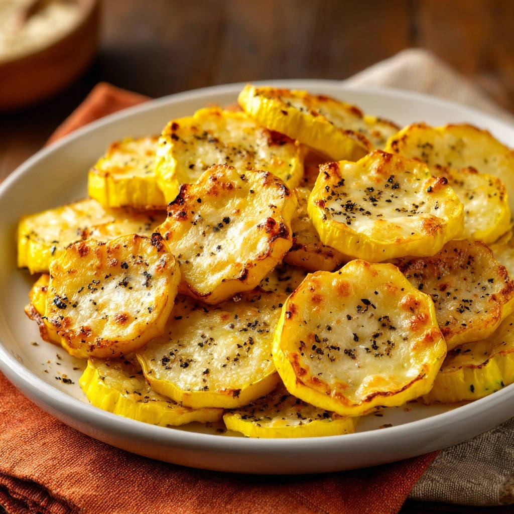 Golden cheesy roasted yellow squash piled on a white plate, seasoned with black pepper.
