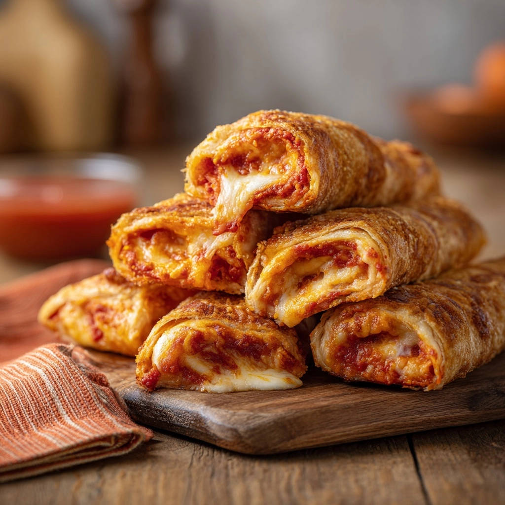 Golden crispy pizza pinwheels cross-section showing gooey melted cheese and rich tomato sauce filling.