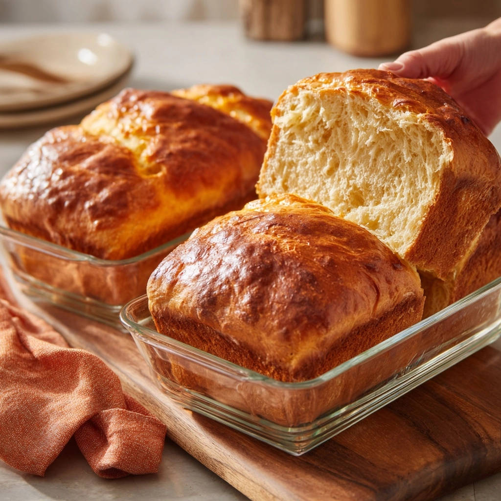 Golden fluffy loaf showing a close-up cross-section revealing its soft, airy interior texture.