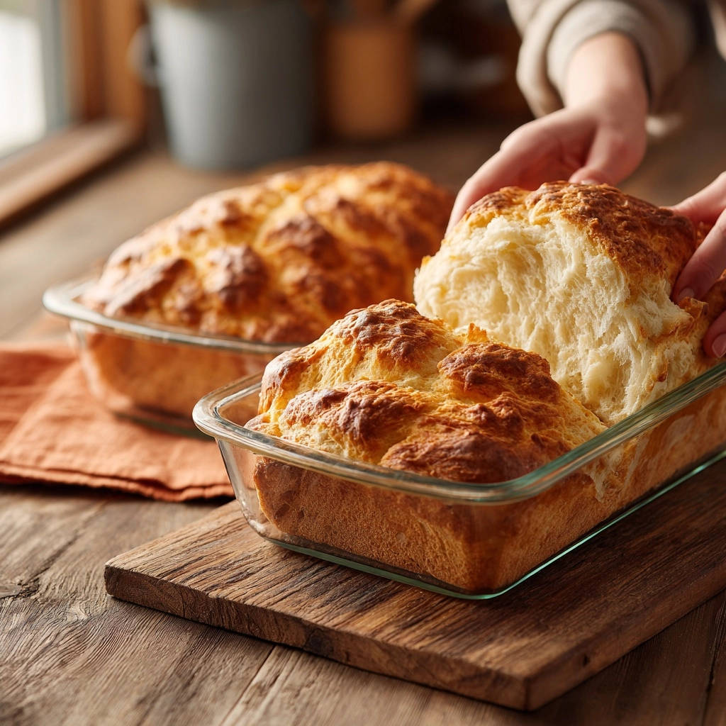 Golden fluffy loaf of bread being pulled apart, revealing its soft interior texture.