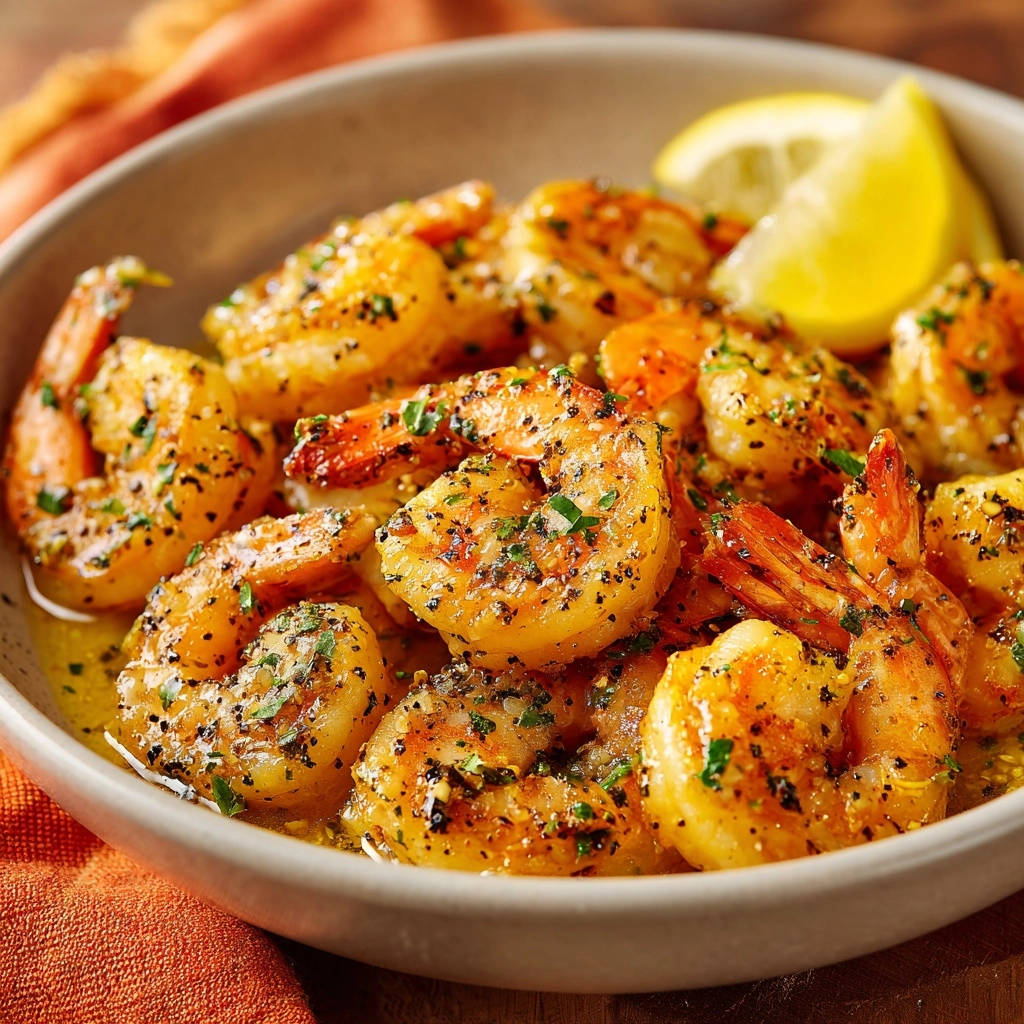 Golden garlic butter shrimp in a bowl, showcasing a close-up view with a lemon wedge garnish.