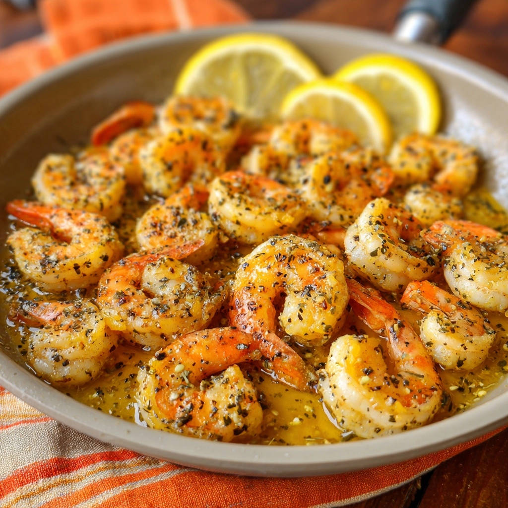 Golden garlic butter shrimp cooked in a skillet and garnished with lemon slices, showcasing a rich, buttery sauce.
