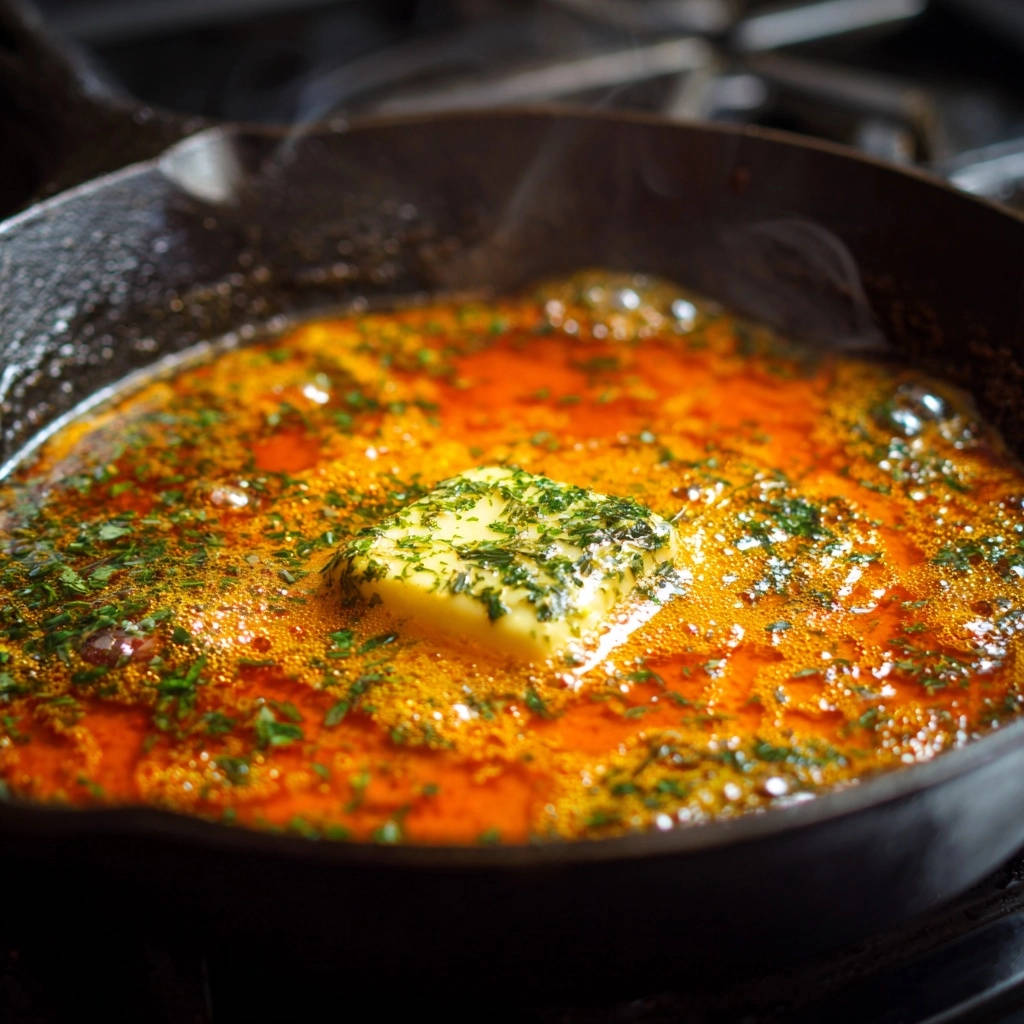 Golden herb butter sauce melting in a cast iron skillet, with fresh herbs and vibrant orange liquid.