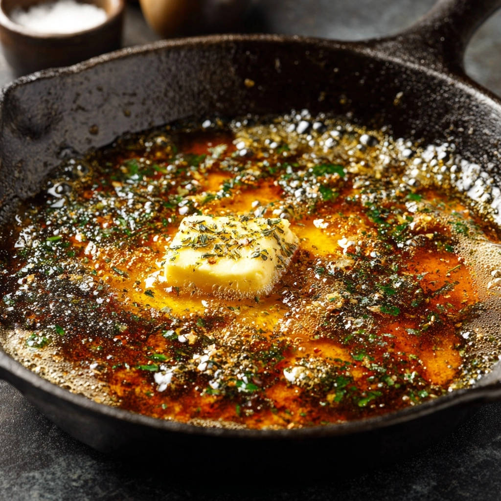 Golden herb butter sauce melting in a cast iron skillet, featuring fresh herbs and spices.