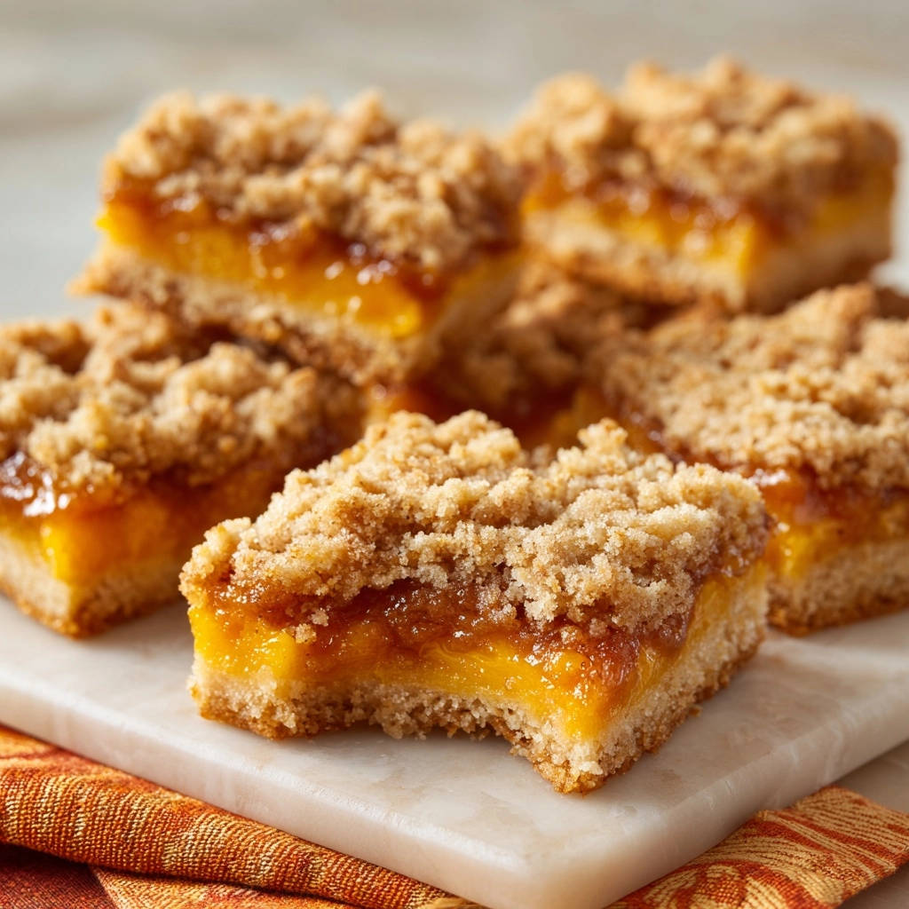 Golden Peach Crumble Bars with a bite taken out, showing the moist filling and crumble topping.