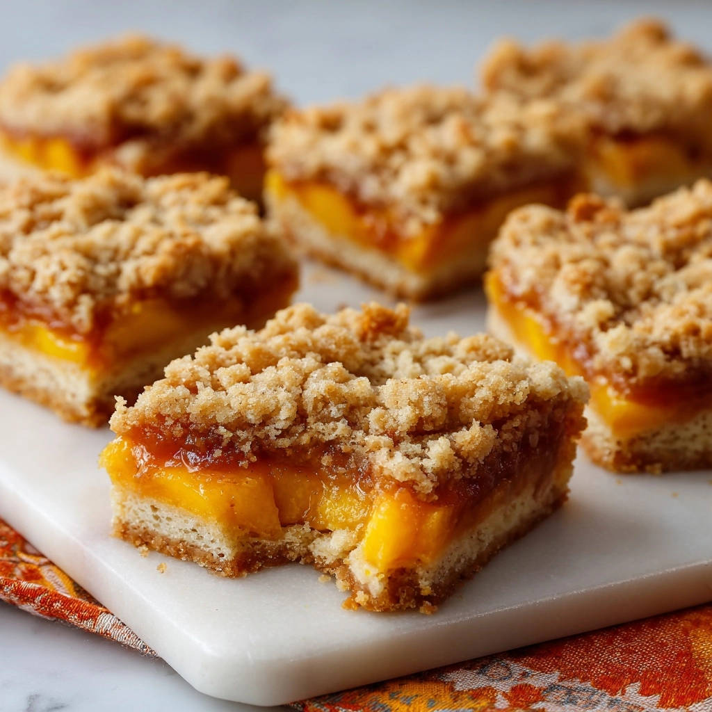 Golden peach crumble bars with a bite taken out, showing the layered filling and crumb topping.