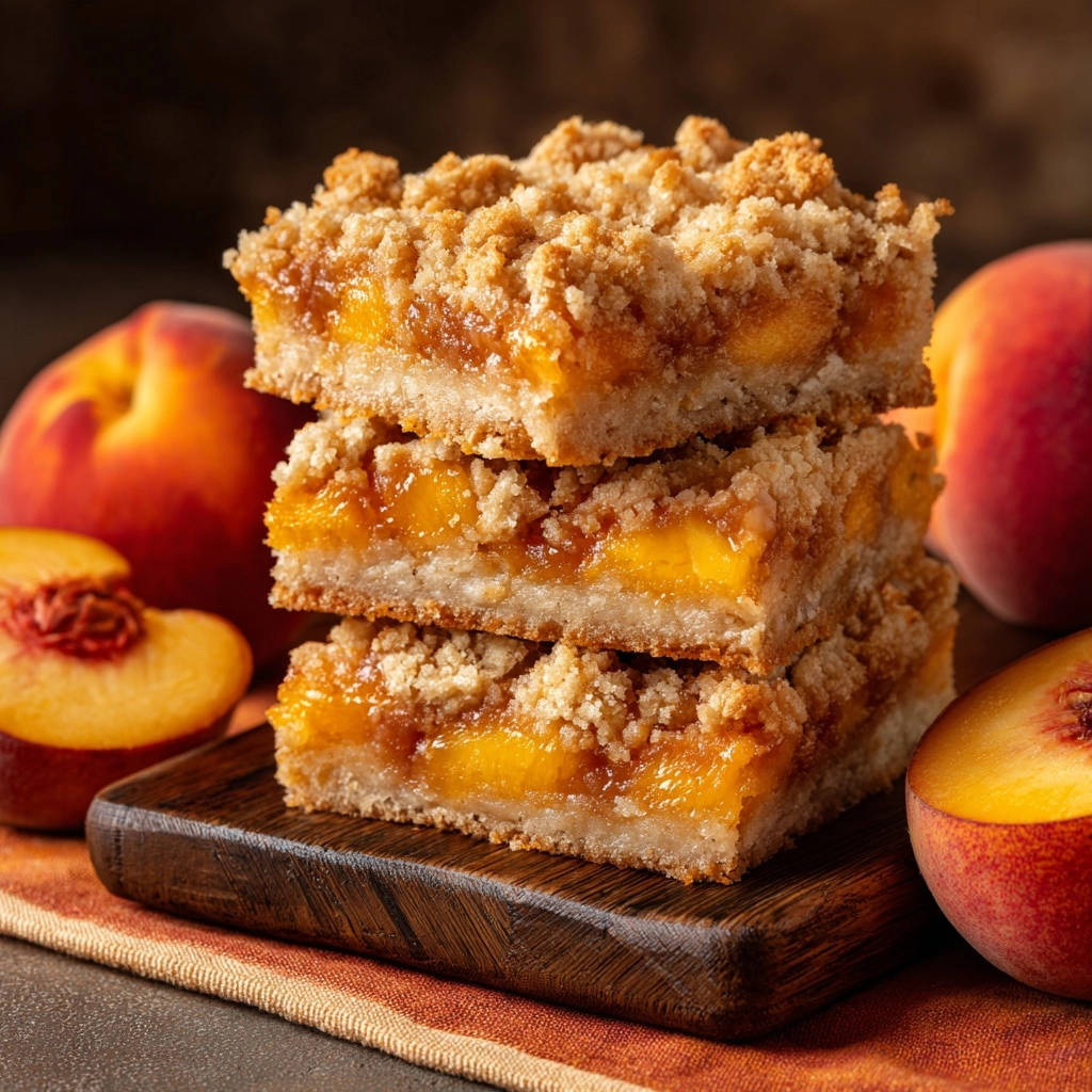 Golden Peach Crumble Bars, a stack of three bars showing the crumb topping and juicy peach filling cross-section.
