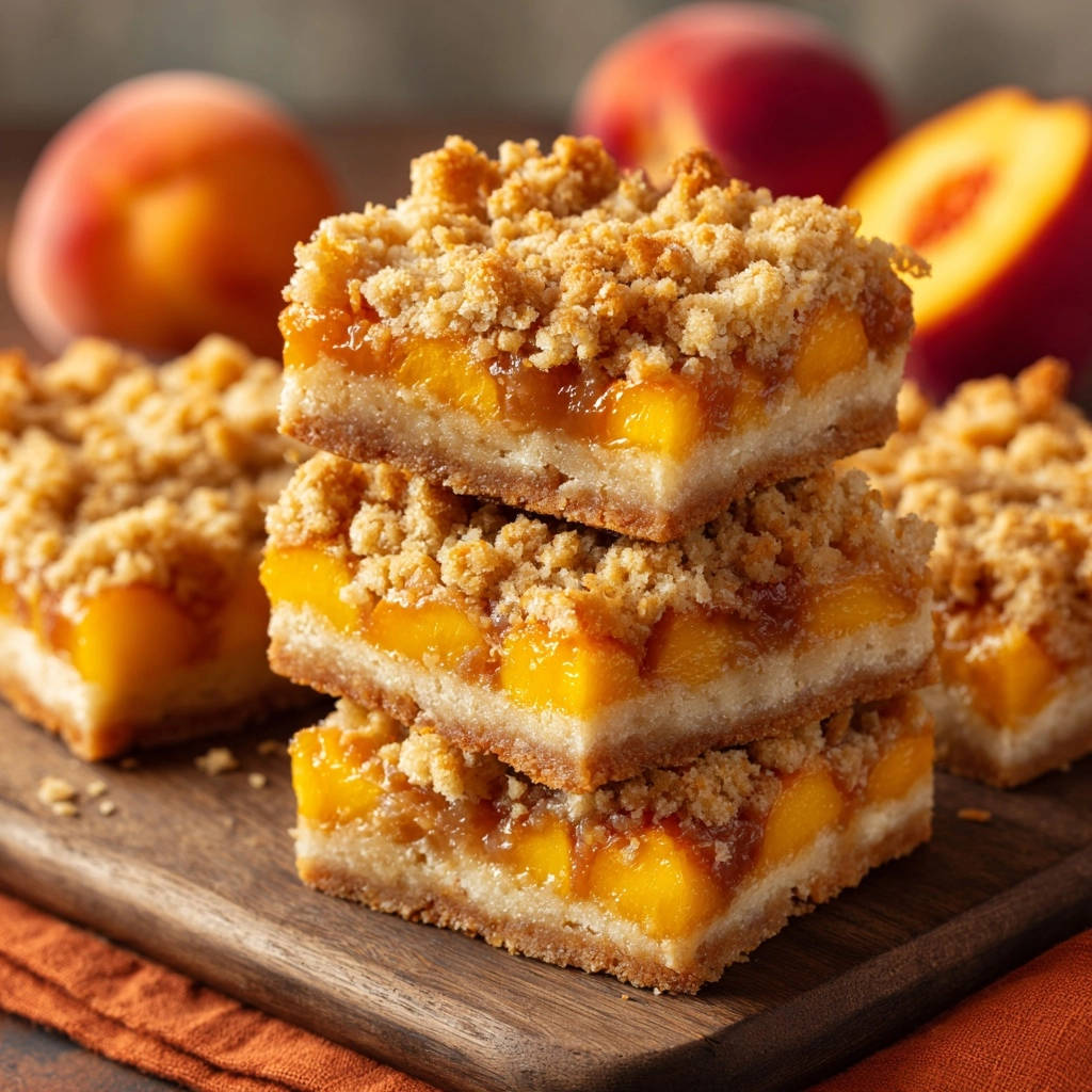 Golden Peach Crumble Bars shown in a stacked cross-section, highlighting the layers of crust, peach filling, and crumble topping.