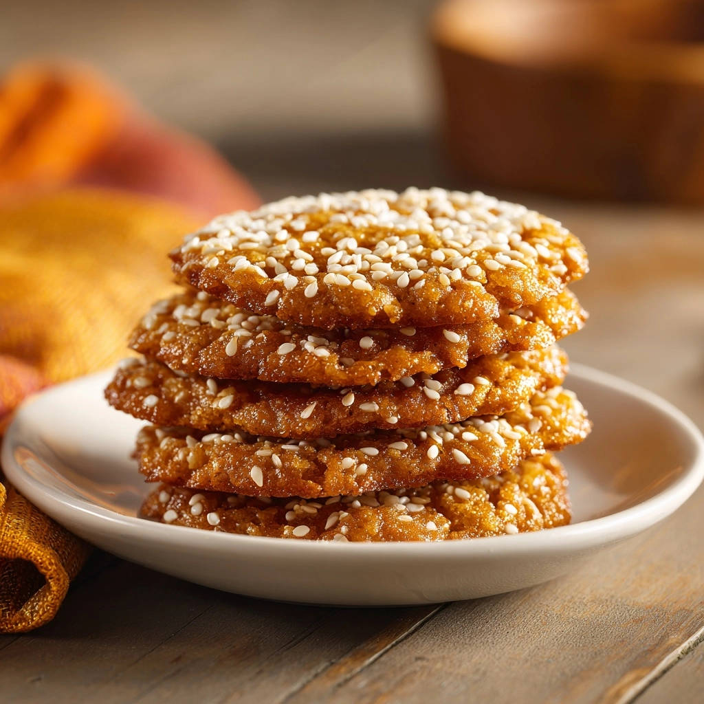 Golden sesame cookies, chewy and toasty, are stacked high on a white plate, showcasing their sesame seed topping.