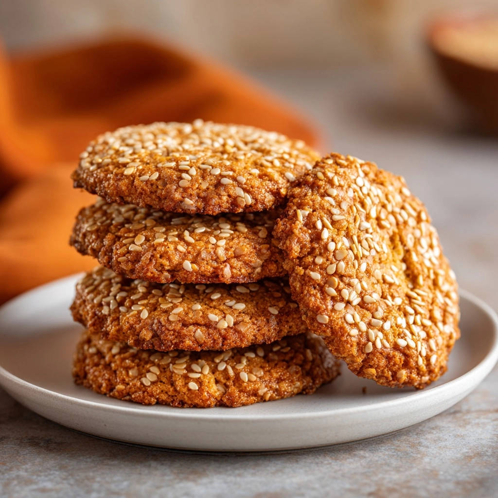 Golden sesame cookies stacked invitingly on a white plate, showcasing their toasty, sesame-seed-coated texture.