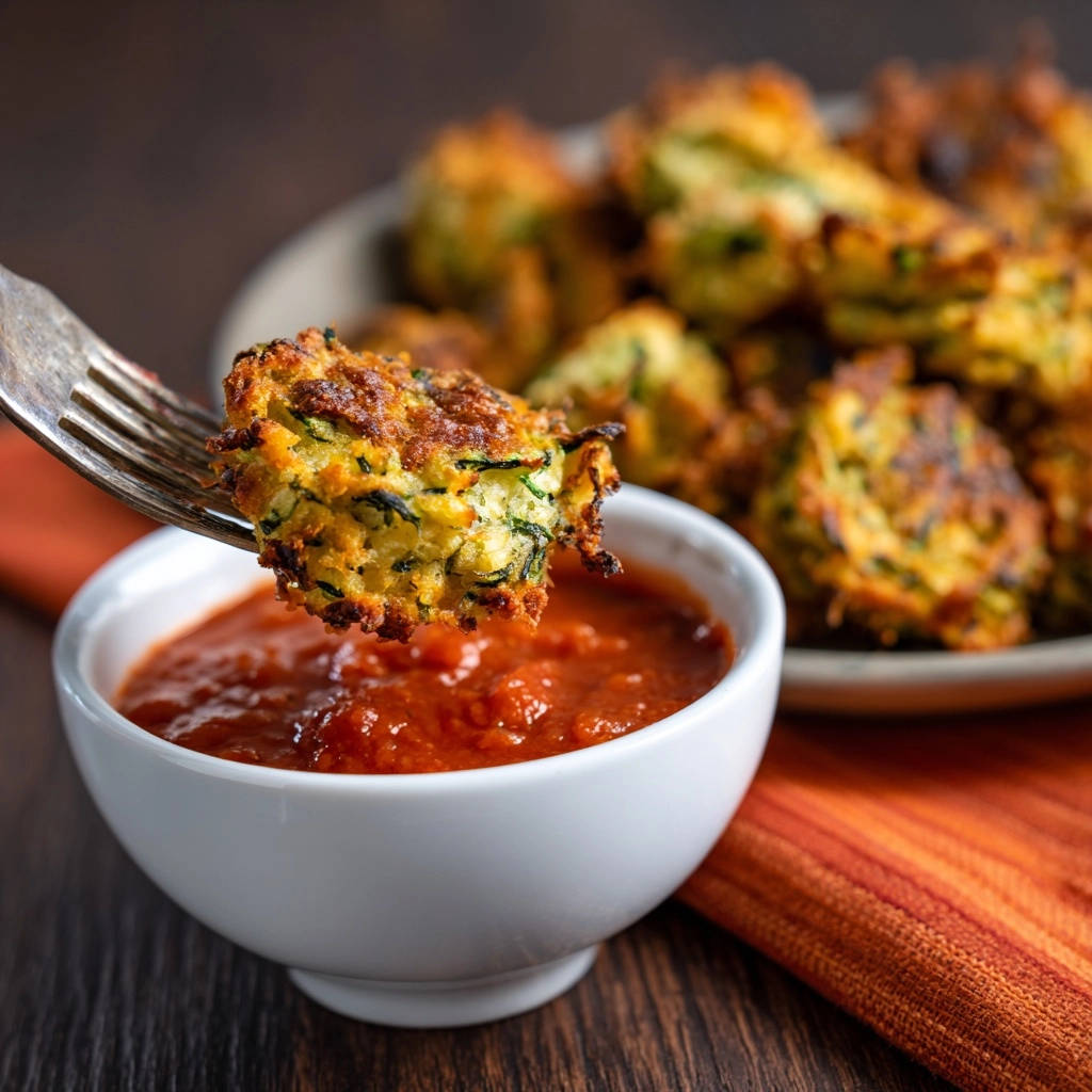 Golden zucchini fritters are shown on a fork being dipped into a bowl of tomato dipping sauce.