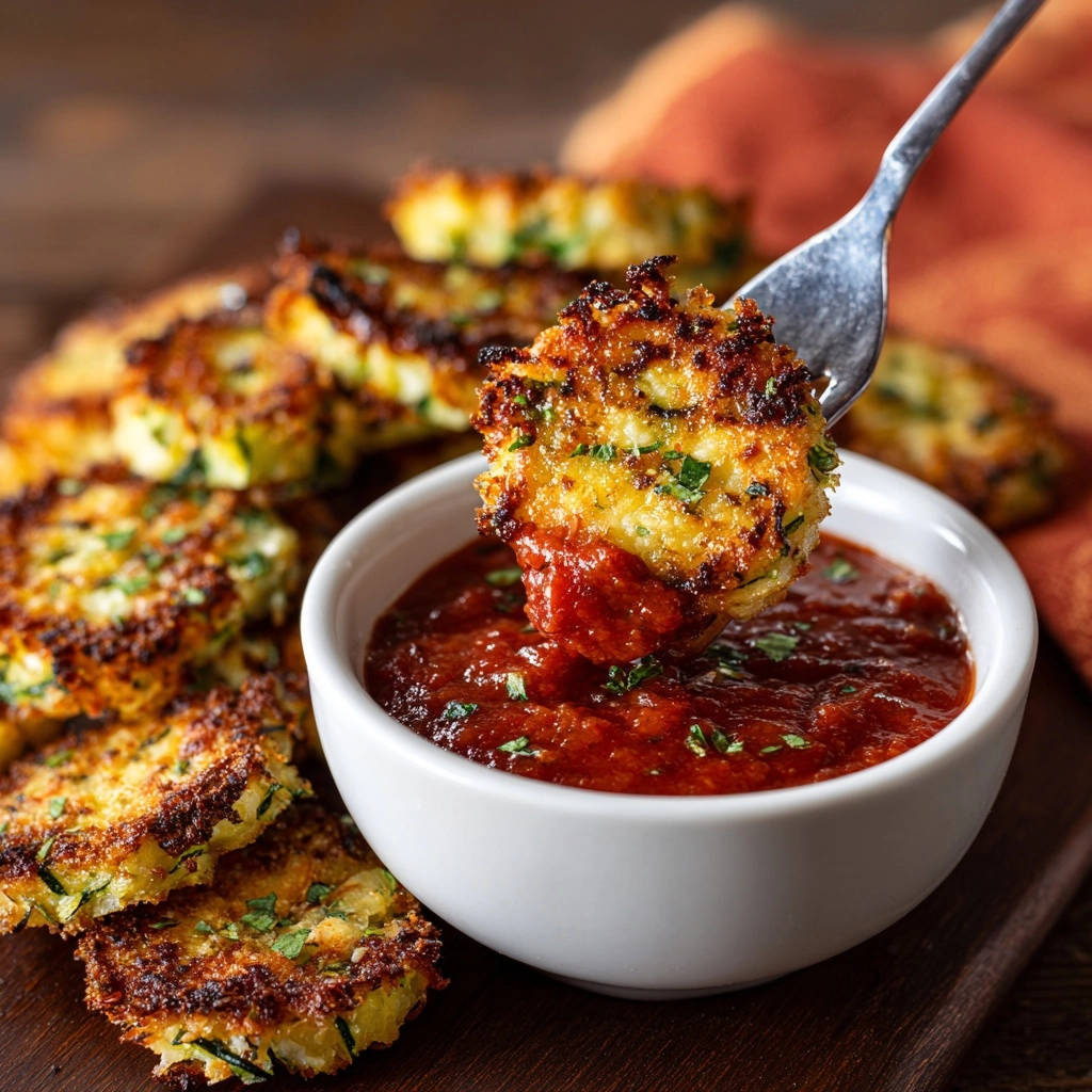 Golden zucchini fritters, perfectly crisp, being dipped into a rich tomato sauce with fresh parsley garnish.