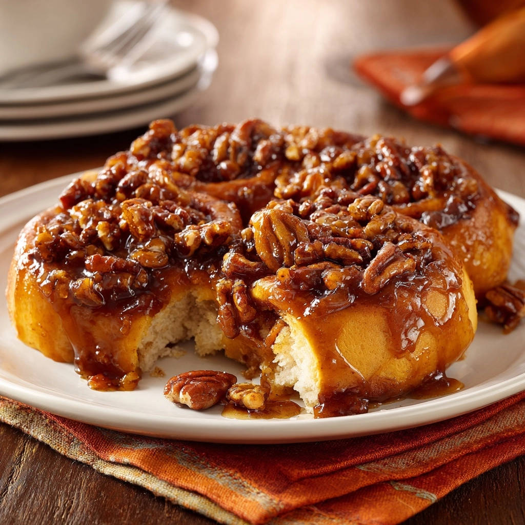Gooey pecan sticky buns cross-section revealing a soft interior with caramel and nuts.