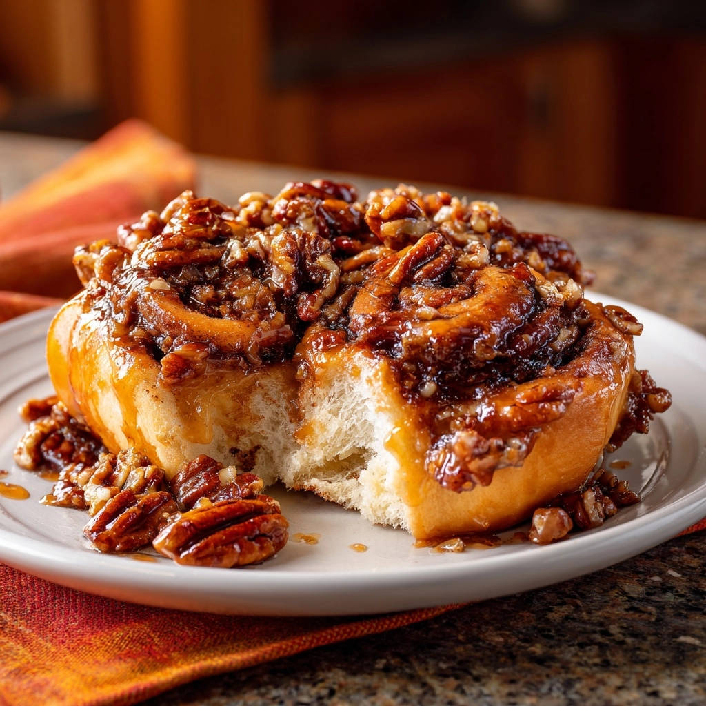 Gooey pecan sticky buns cross-section showing a soft interior with caramel glaze and chopped pecans on a white plate.