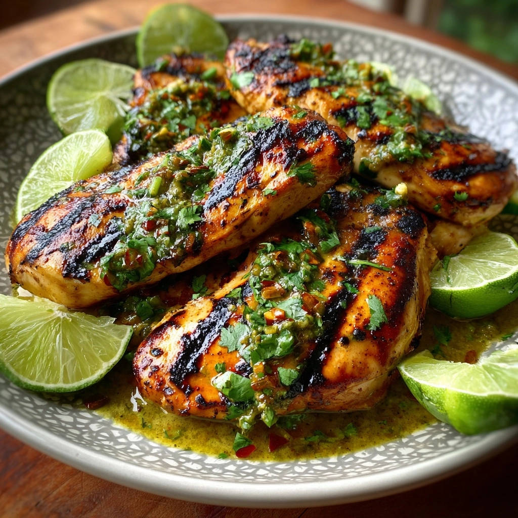 Grilled chicken with zesty herb sauce plated with lime wedges, showing a close-up view of the grilled texture and sauce.
