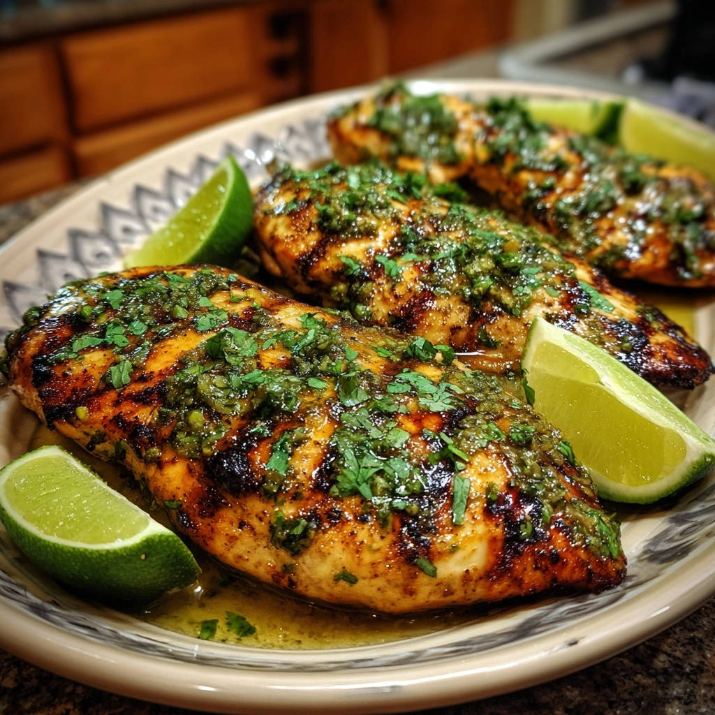 Grilled chicken with zesty herb sauce plated with lime wedges, showcasing a juicy grilled finish.