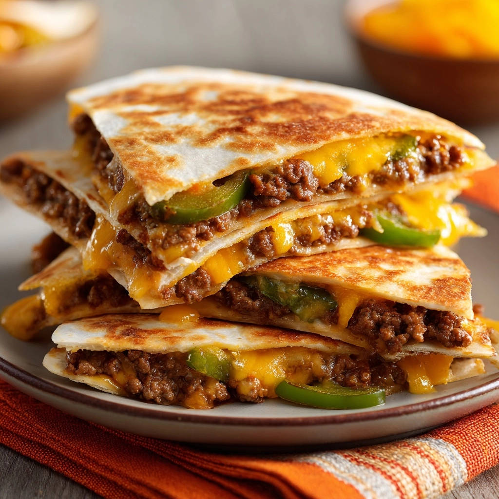 Ground beef &amp; jalapeño quesadillas stacked, showing a detailed cross-section of the cheesy, seasoned filling.