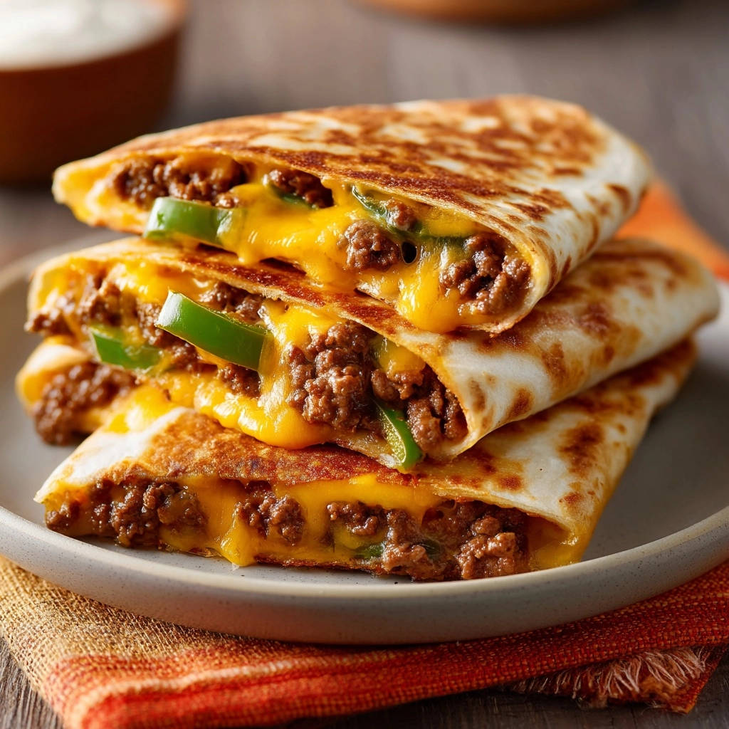 Ground beef and jalapeño quesadillas stacked and sliced, showing a cheesy and savory interior filling.