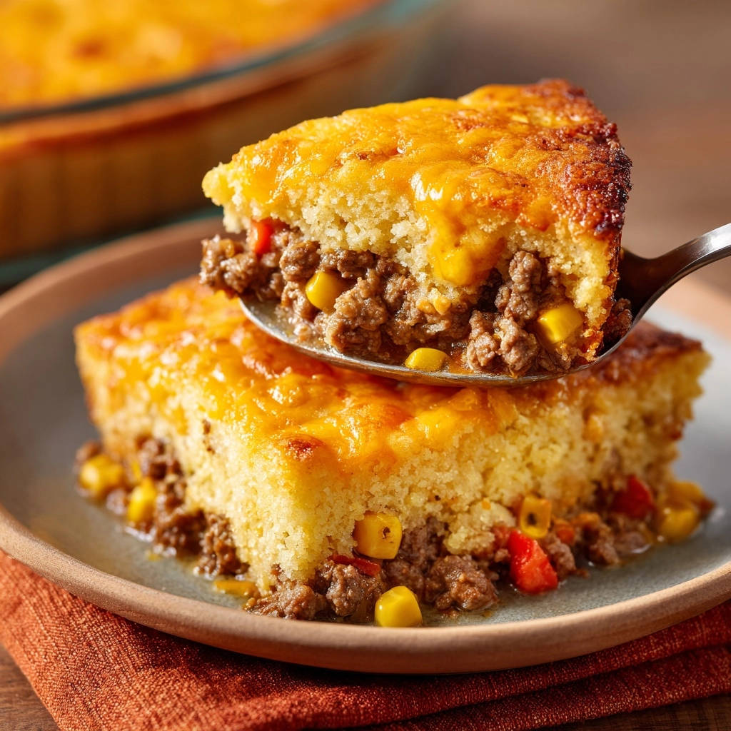 Hearty beef and cornbread bake shown in a close-up cross-section with layers of seasoned ground beef, corn, and cheese.