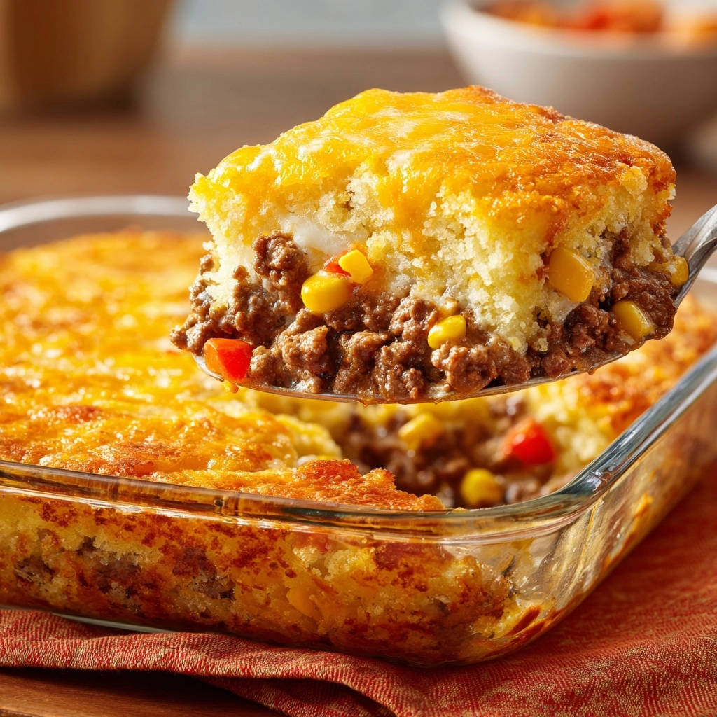 Hearty beef and cornbread bake shown as a slice being lifted from the dish, revealing layers of ground beef and corn.