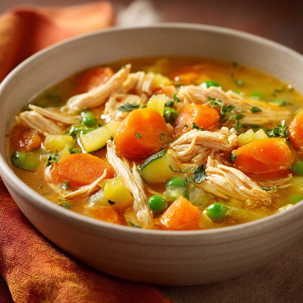 Hearty chicken veggie soup in a bowl, showcasing a close-up view of tender shredded chicken and vibrant vegetables.