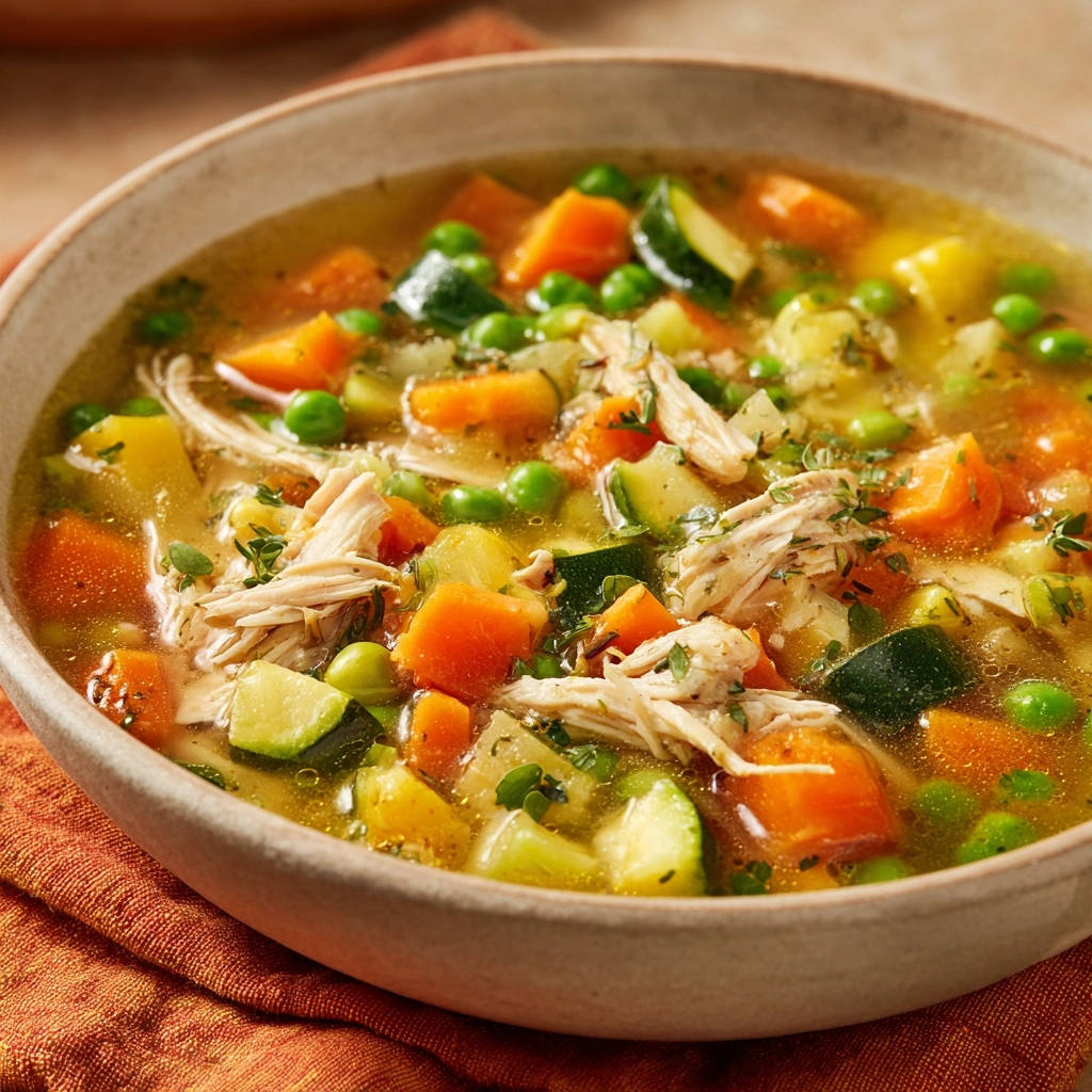 Hearty chicken veggie soup with a close-up view highlighting the texture of the vegetables and shredded chicken.