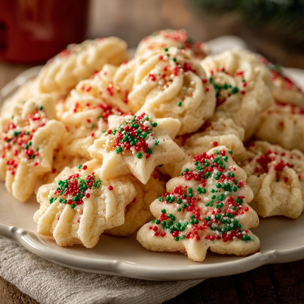 Classic Holiday Spritz Cookies adorned with festive red and green sprinkles, showcasing intricate piped details.