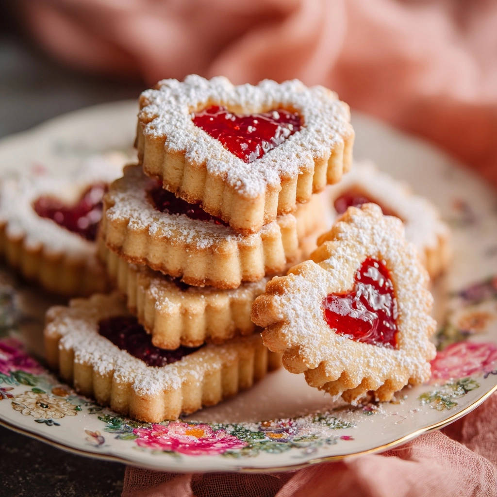 Classic jam heart cookies stacked on a floral plate, dusted with powdered sugar and filled with bright red jam.