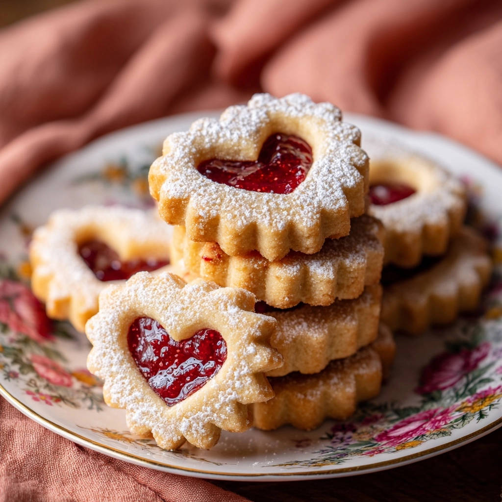 Classic jam heart cookies stacked on a floral plate, dusted with powdered sugar and filled with red jam.