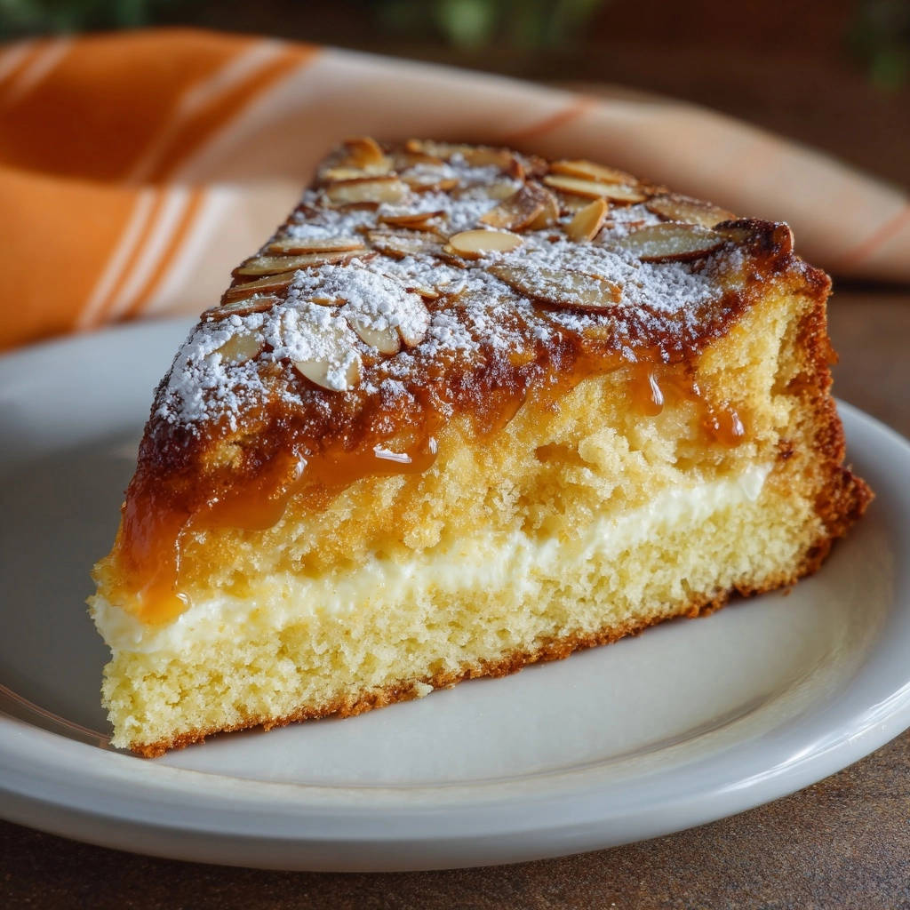 Layered almond cake slice showing fluffy cake layers, cream filling, and apricot glaze topping.