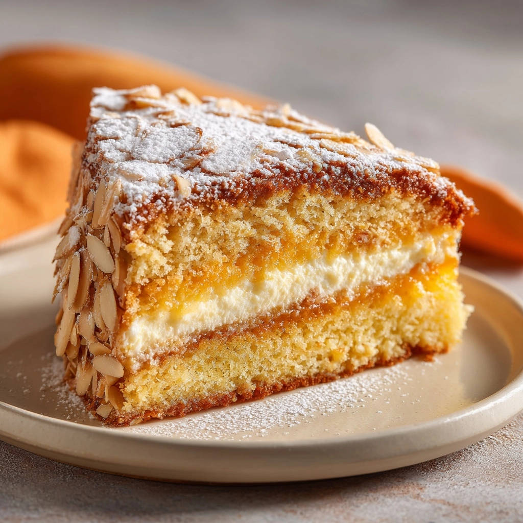 Layered almond cake slice cross-section showing fluffy cake, cream, and apricot jam filling, dusted with powdered sugar and almonds.
