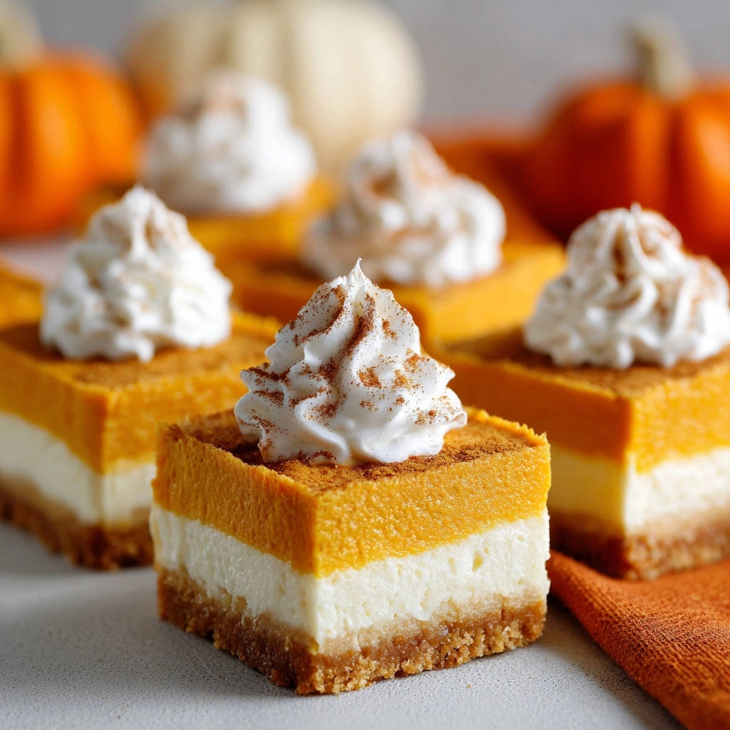 Layered pumpkin cheesecake bars with a thick crust, topped with whipped cream and cinnamon, shown in a close-up view.