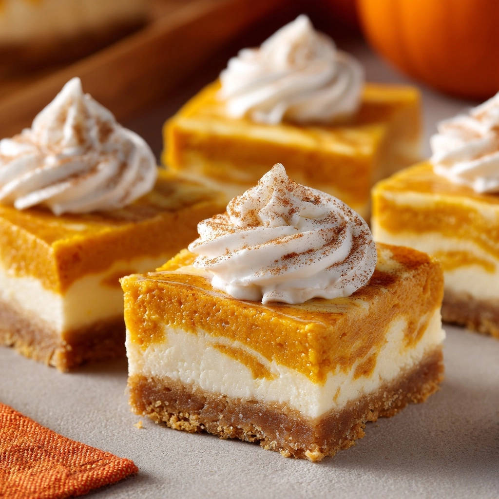 Layered pumpkin cheesecake bars topped with whipped cream and cinnamon, shown in a close-up view.
