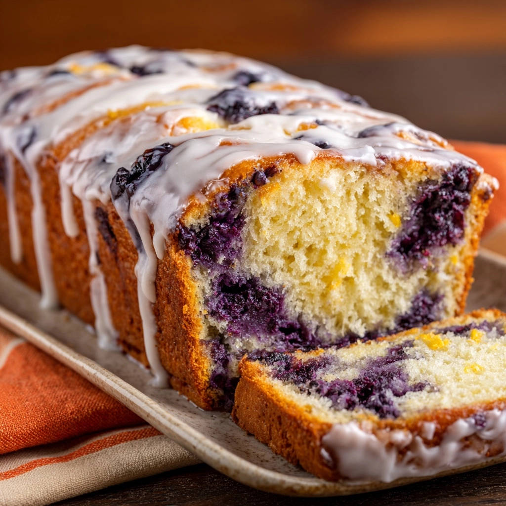 Lemon blueberry loaf cake with a sweet glaze, shown here in a close-up cross-section revealing its tender interior.