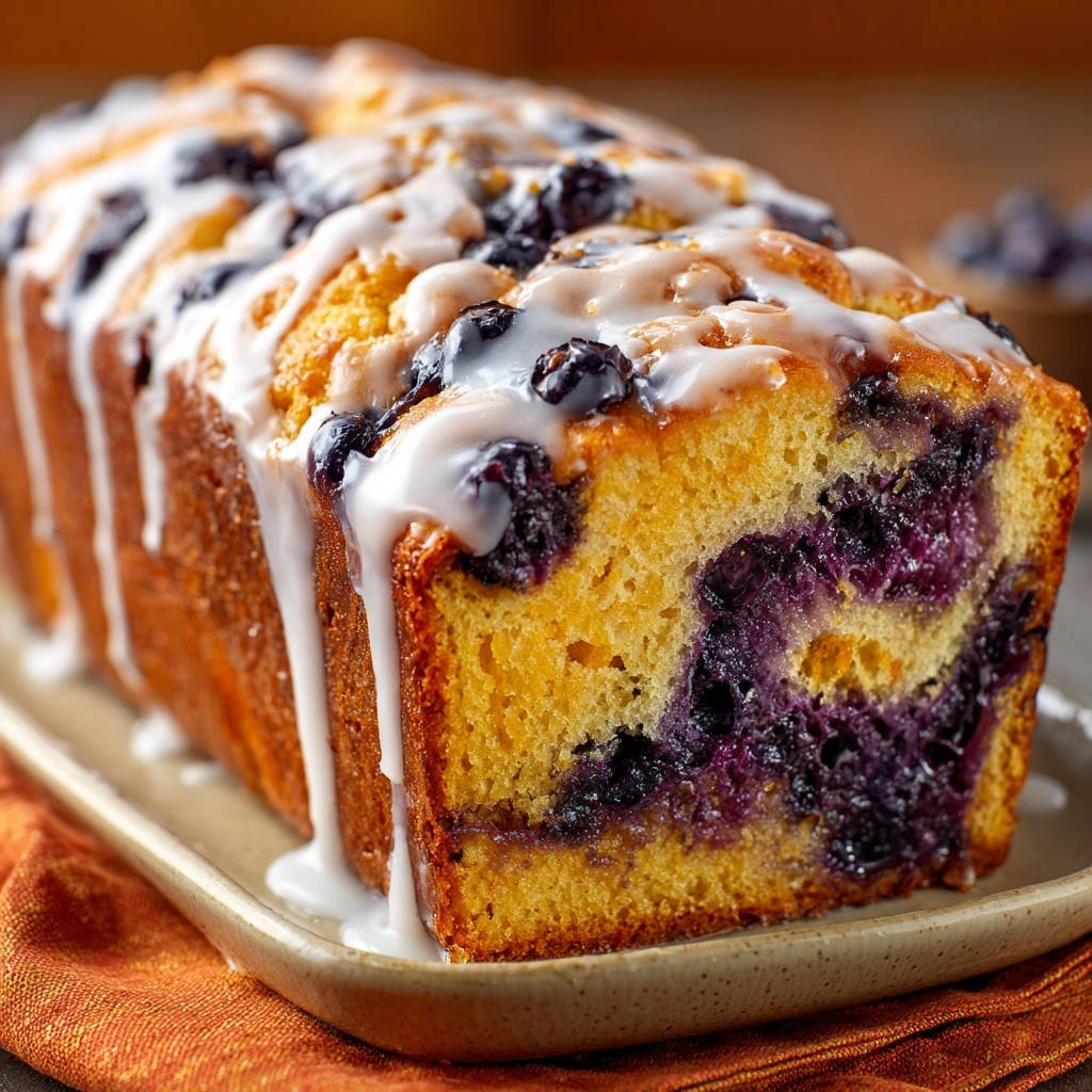 Lemon blueberry loaf cake cross-section showing tender crumb and juicy blueberries, drizzled with white glaze.