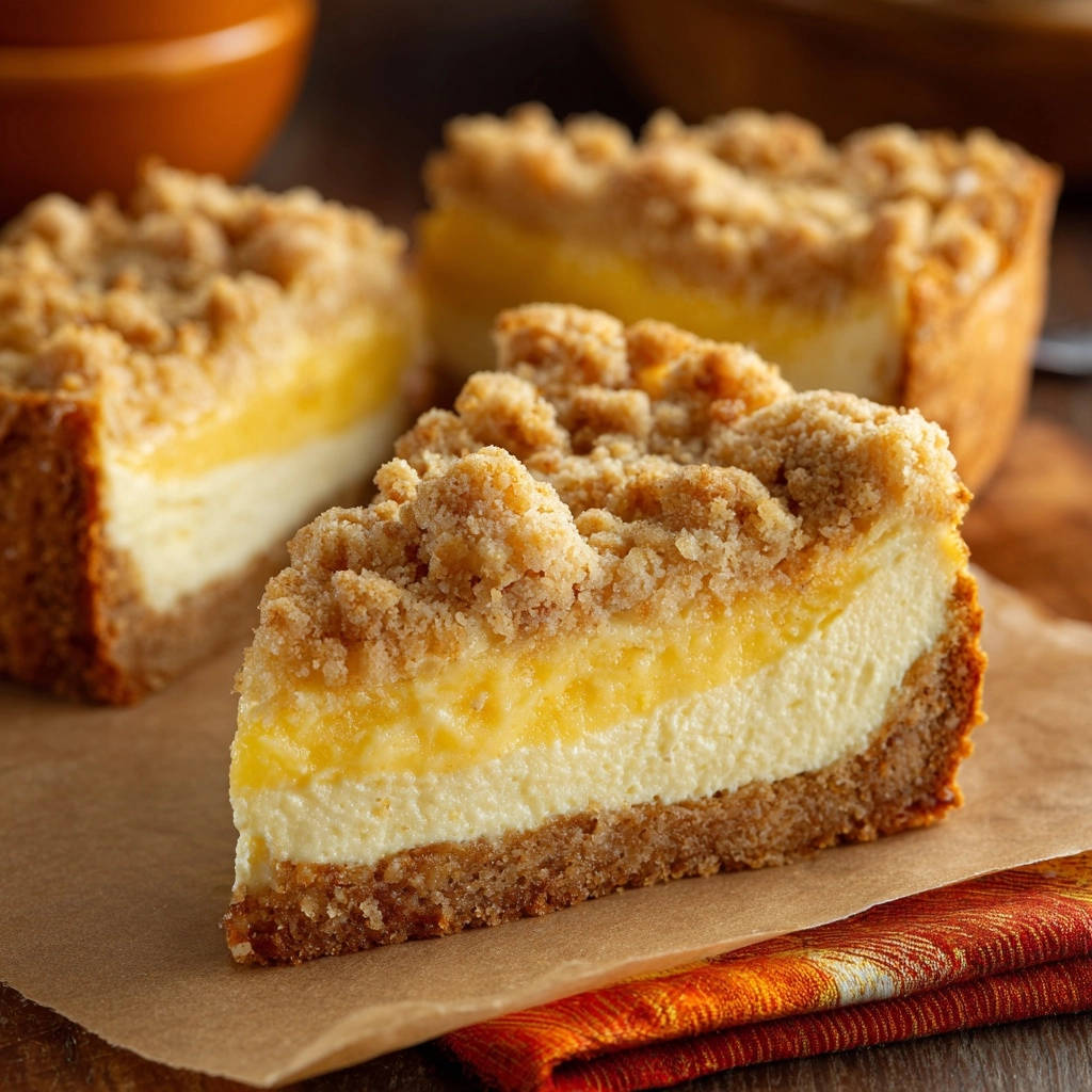 Lemon streusel cheesecake features a creamy interior and crumb topping, shown in a close-up cross-section slice.