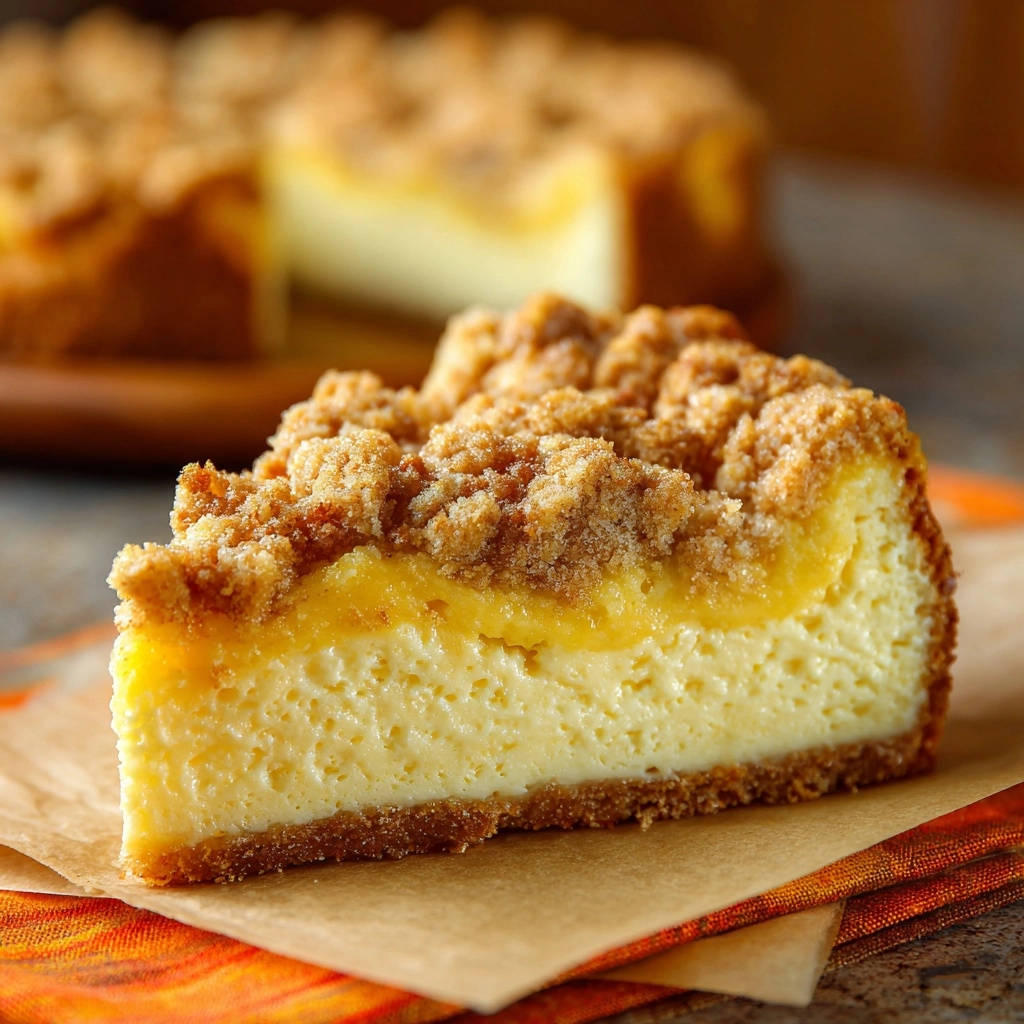 Lemon streusel cheesecake slice showing a creamy interior and crumb topping, presented on parchment paper.