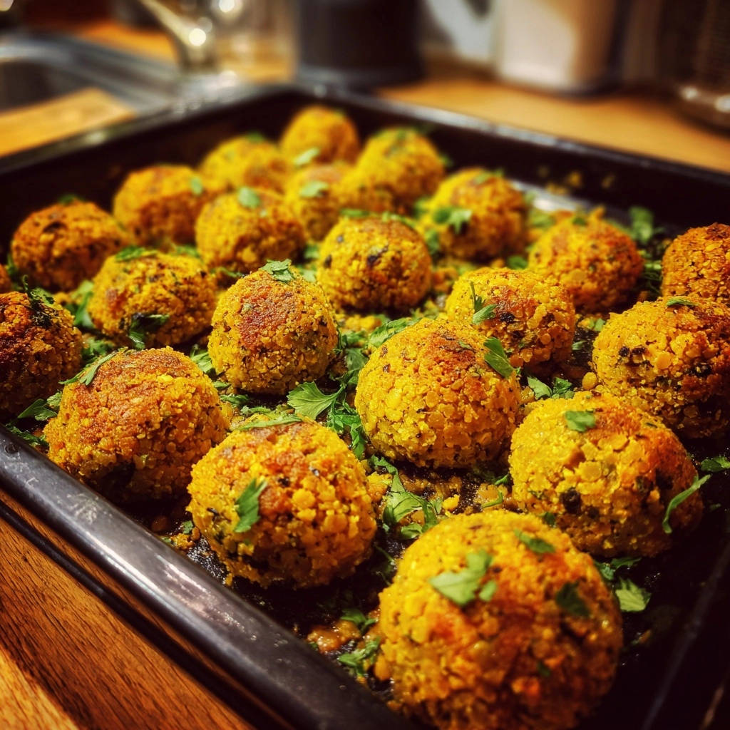 Lentil Power Bites arranged closely on a black baking tray, showcasing their golden texture and fresh parsley garnish.