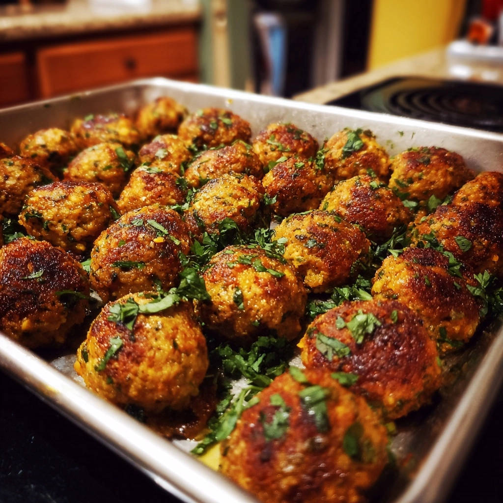 Lentil Power Bites are presented in a baking pan, showcasing their golden-brown exterior and fresh parsley garnish.