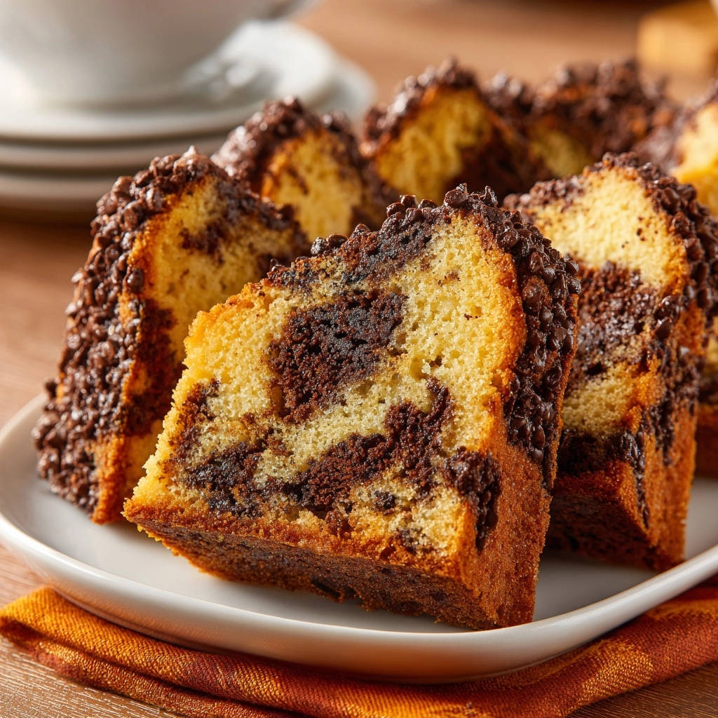 Classic Marble Bundt Cake sliced and served on a white plate with a chocolate chip topping.