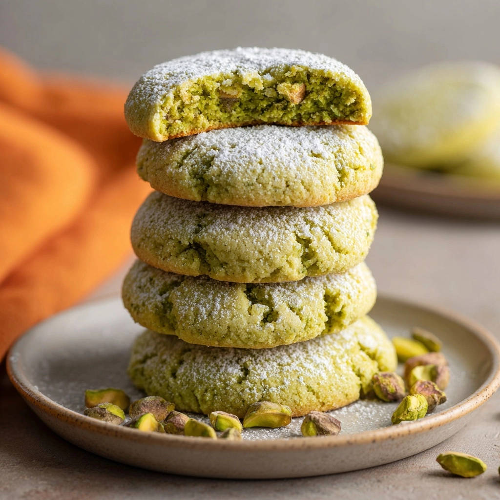 Melt-in-your-mouth pistachio cookies shown in a stack, with the top cookie broken open to reveal its soft interior.