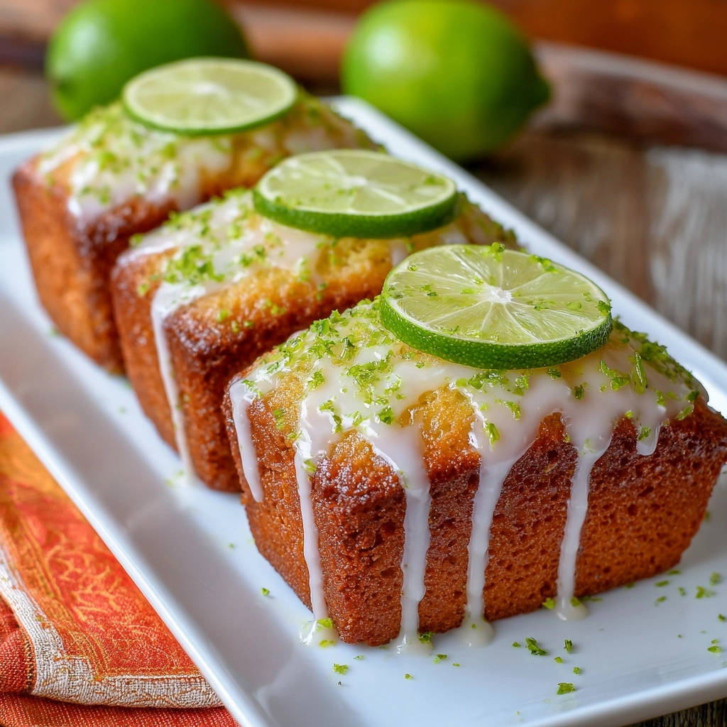 Mini glazed lime loaves with a zesty lime slice on top, showing the drizzled glaze and lime zest.