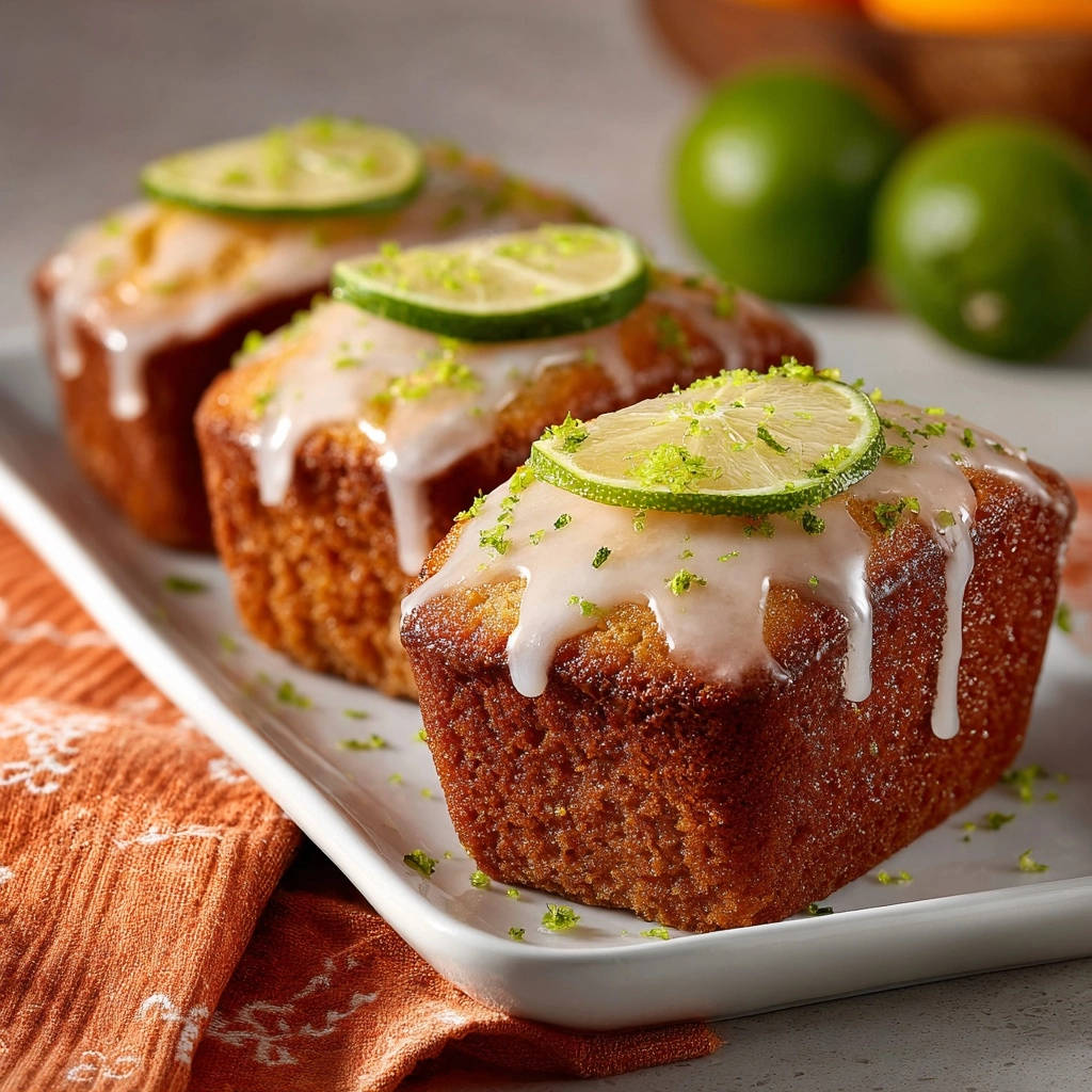 Mini glazed lime loaves with a lime slice and zest garnish, showcasing the sweet glaze dripping down the sides.